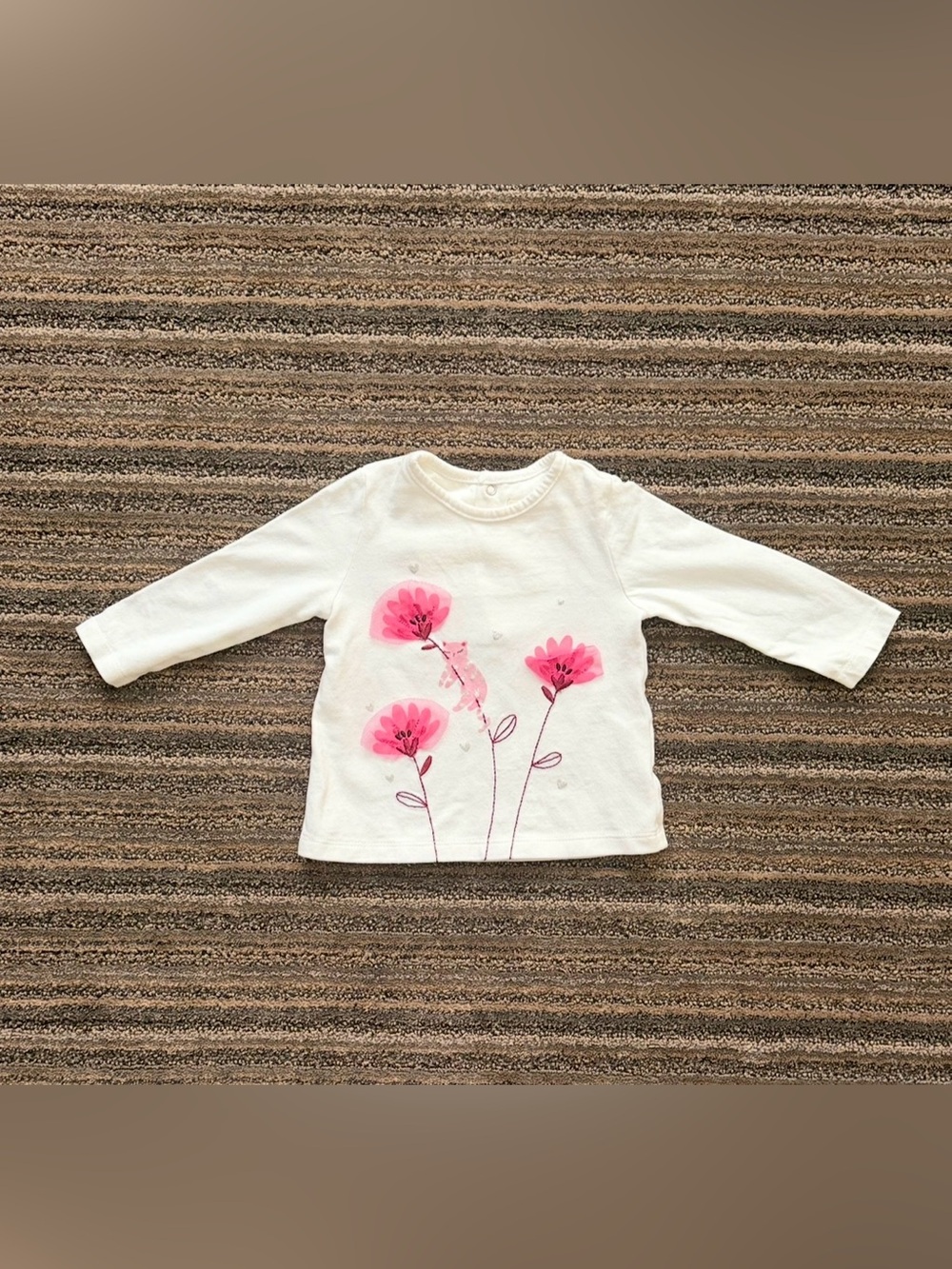 White Long-Sleeve Tee with Pink Floral Design